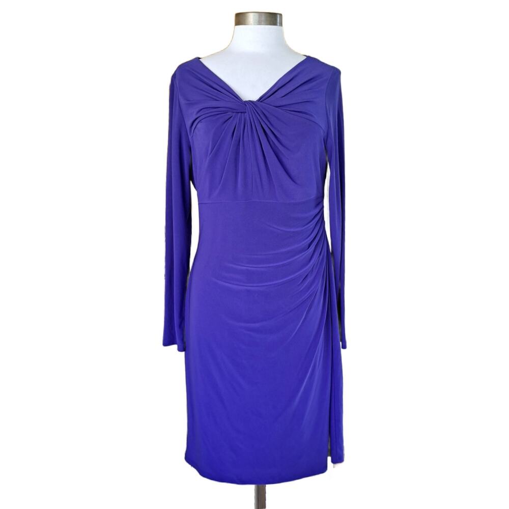 LAUREN Ralph Lauren Royal Purple Twist Ruched Jersey Sheath Dress 14 Long Sleeve
